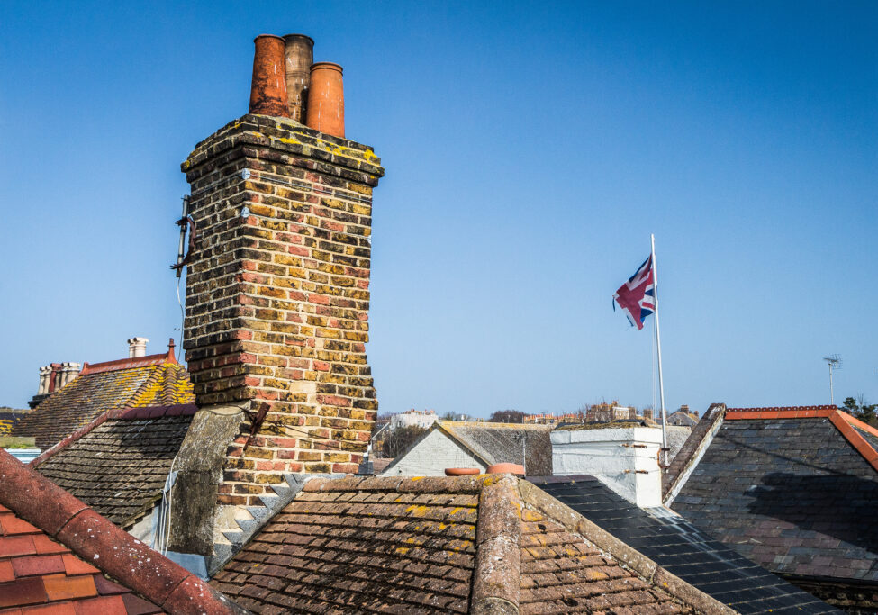 Broadstairs, UK - April 10, 2018 - Old UK flag on a roof of a house