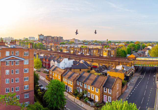 Aerial view of London suburb in the morning, UK